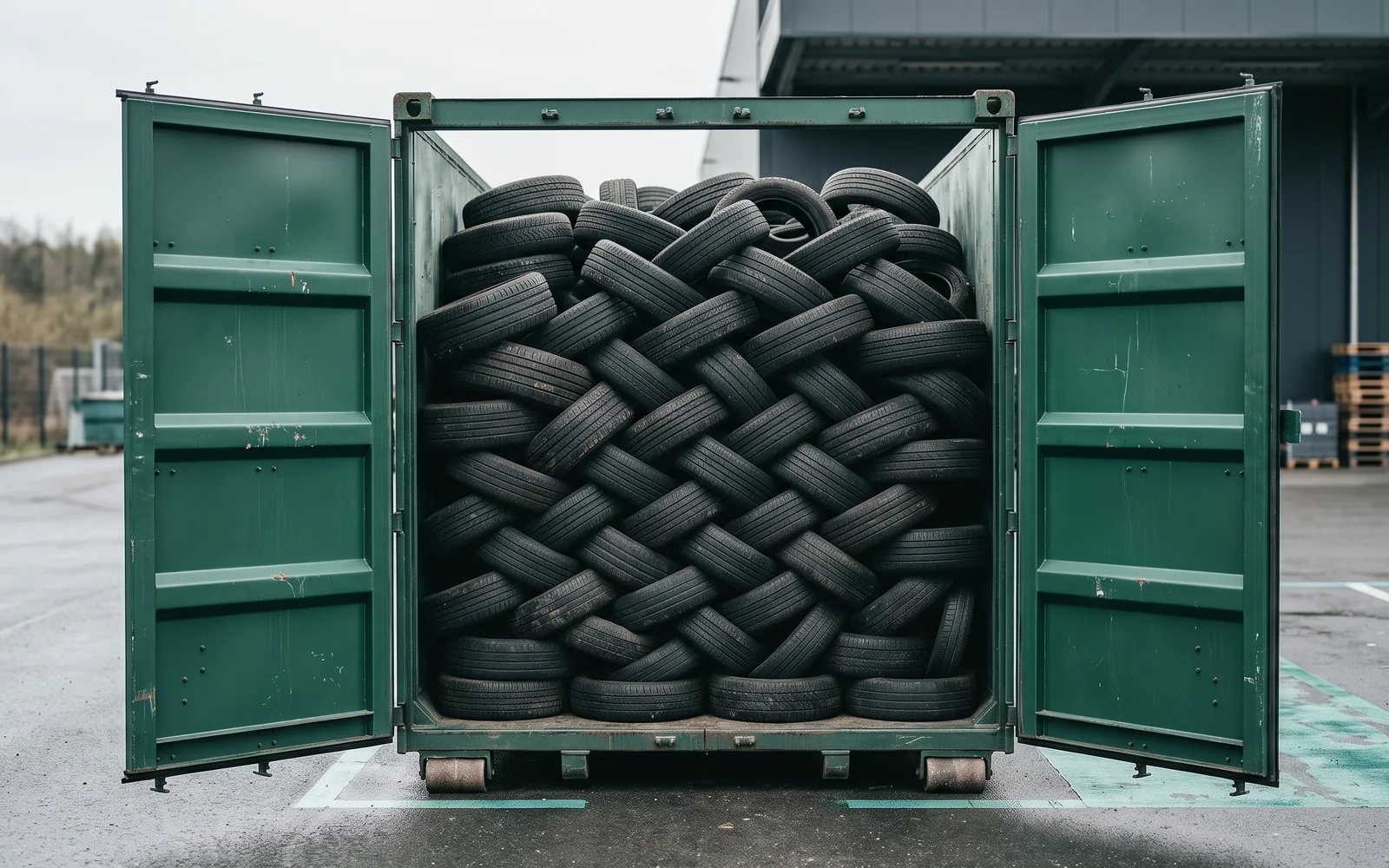 Altreifen entsorgen: Altreifen geordnet im Container zur Entsorgung