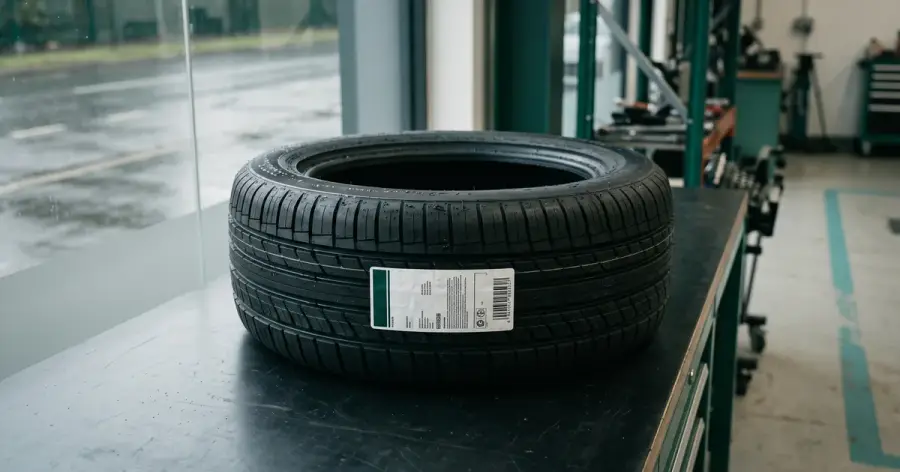 EU-Reifenlabel: neuer Reifen mit Produktetikett auf der Werkbank