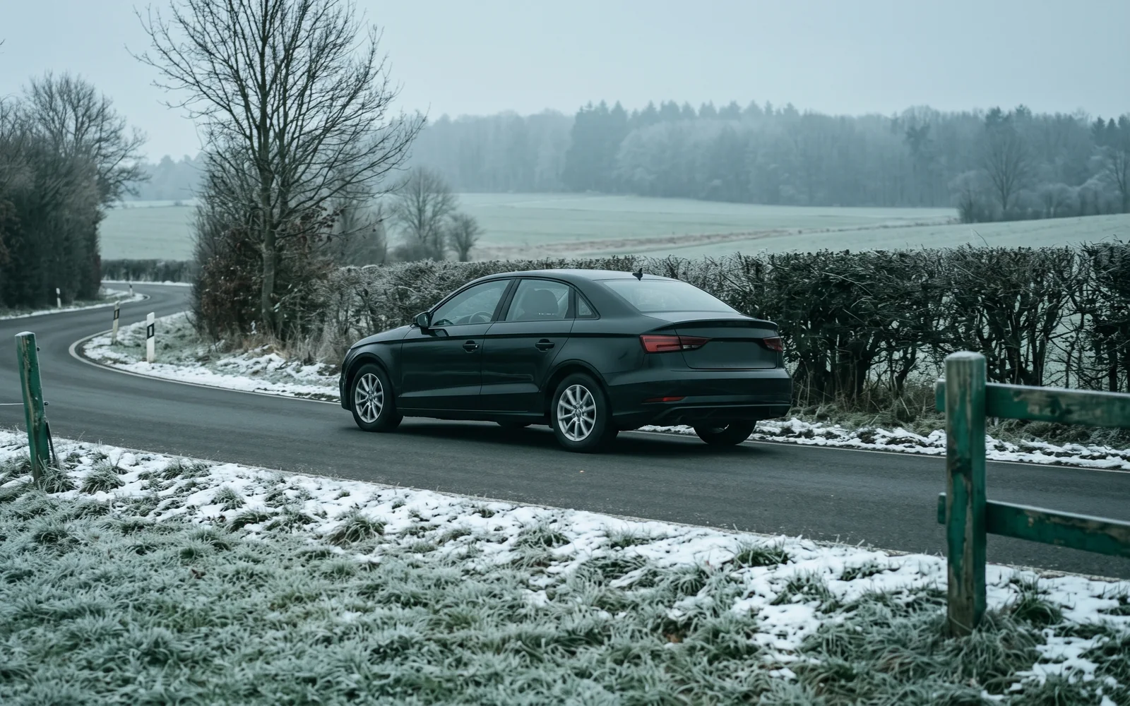Winterreifen: Auto auf winterlicher Landstraße mit Raureif